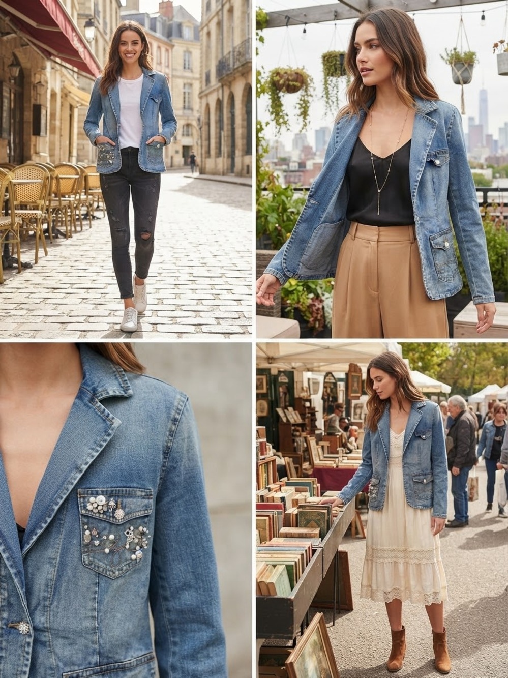 Vintage Together Embellished Denim Blazer Jacket Size 10 Rhinestone Pearl